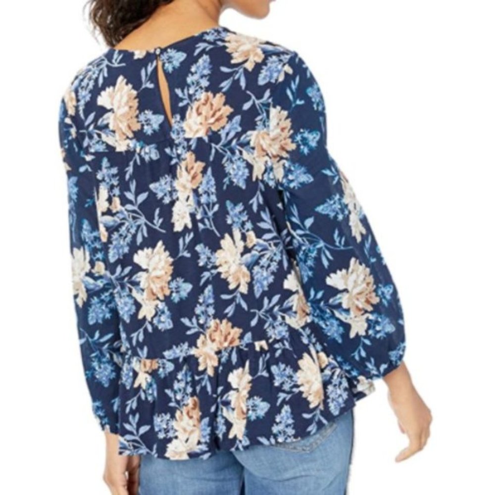 NWT Navy Blue Floral Print Lucky Brand Peplum Top. - Picture 3 of 6